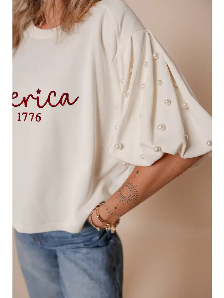 America Est 1776 Embroidered Pearl Beaded Cropped T Shirt
