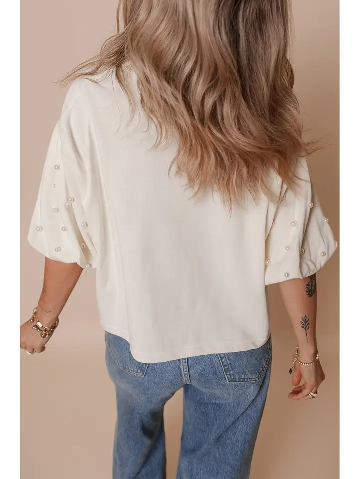 America Est 1776 Embroidered Pearl Beaded Cropped T Shirt