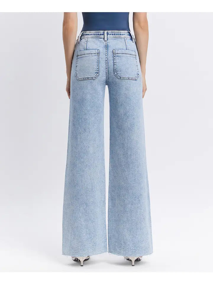 High Rise Drawstring Waistband Wide Leg Jeans By Flying Monkey - PRE ORDER!