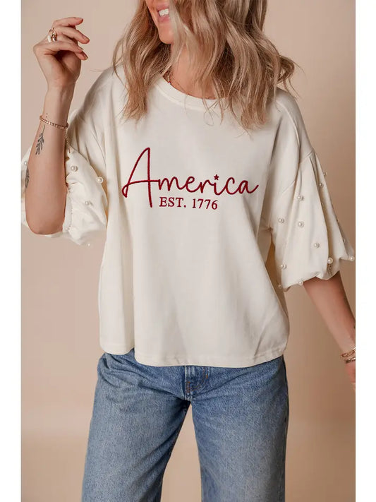 America Est 1776 Embroidered Pearl Beaded Cropped T Shirt
