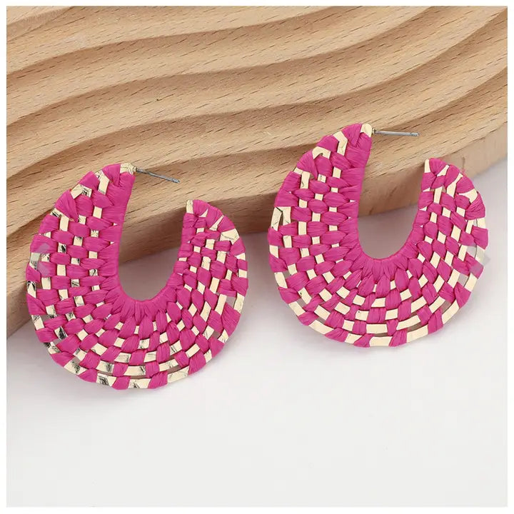 Fuchsia + Gold Raffia Wrapped Hoop Earrings | Raffia Hoop