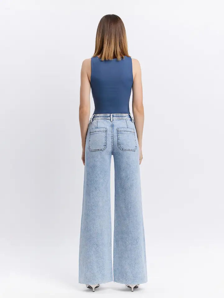 High Rise Drawstring Waistband Wide Leg Jeans By Flying Monkey - PRE ORDER!