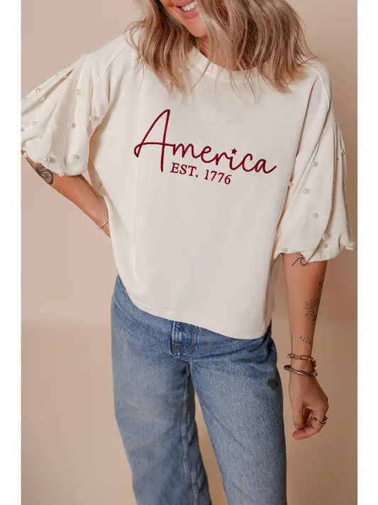 America Est 1776 Embroidered Pearl Beaded Cropped T Shirt