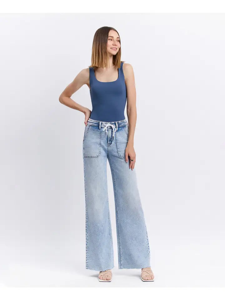 High Rise Drawstring Waistband Wide Leg Jeans By Flying Monkey - PRE ORDER!