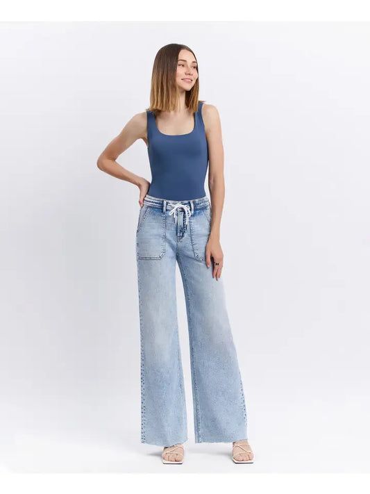 High Rise Drawstring Waistband Wide Leg Jeans By Flying Monkey - PRE ORDER!