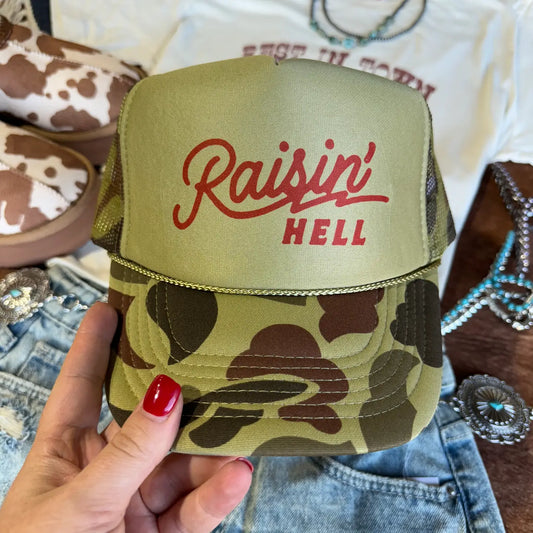 Raisin' Hell Green Camo Trucker Hat