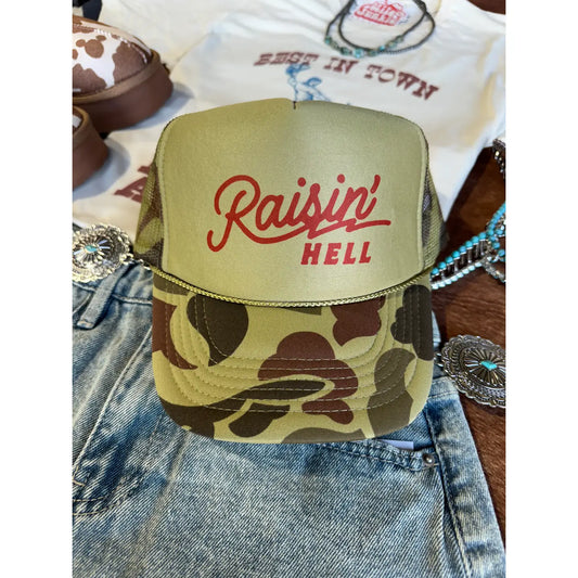 Raisin' Hell Green Camo Trucker Hat