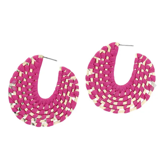 Fuchsia + Gold Raffia Wrapped Hoop Earrings | Raffia Hoop