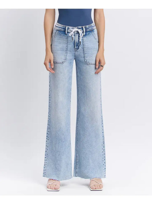 High Rise Drawstring Waistband Wide Leg Jeans By Flying Monkey - PRE ORDER!