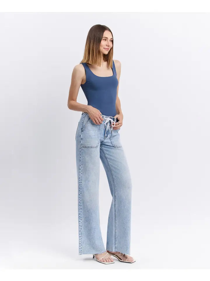High Rise Drawstring Waistband Wide Leg Jeans By Flying Monkey - PRE ORDER!